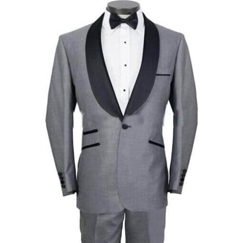 TOP SALE/Custom Made New Custom Design One Button Light Grey Groom Tuxedos Shawl Collar Best Man Groomsmen Men Wedding Suitswedd