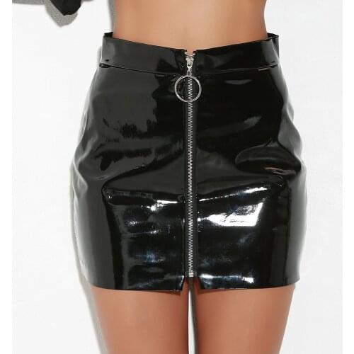 PERHAPS U PU Patent Leather High Street Solid Pencil Mini Empire Zipper Short Skirt S0025 Black