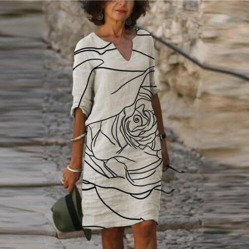 Fashion Womens Retro Printing V-Neck Short Sleeve Comfy Casual Dress Vintage Elegant Knee-length Dresses Vestido De Mujer 2021