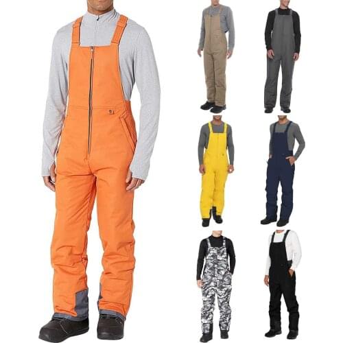 Mens Pants Insulated Bib Overalls Solid Color Pocket One-piece Suspenders Trousers Winter Ski Warm Thick Pants Dropshipping