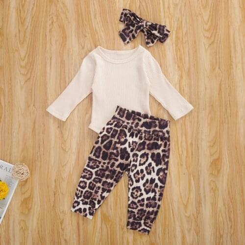2020 New Hot 3PCS Newborn Baby Girl Clothes Long Sleeve Breathable Romper + Leopard Pants + Headband Outfits Set ropa de bebe