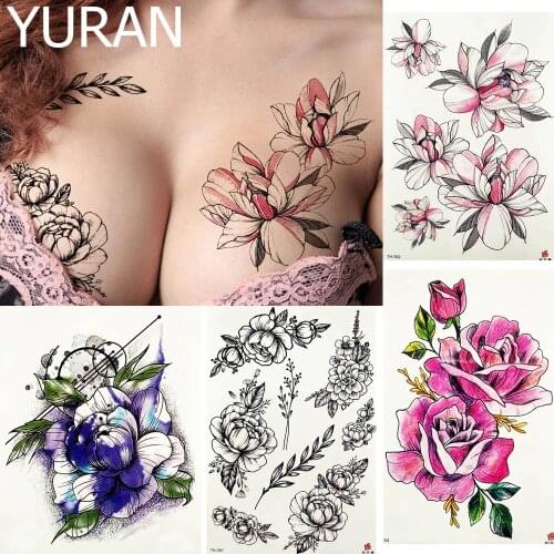 Pink Peony Women Chest Big Tattoo Stickers Body Arm Leaves Girls Tattoos Temporary Flash Plum Blossom Sexy Flower Tatoo Fake