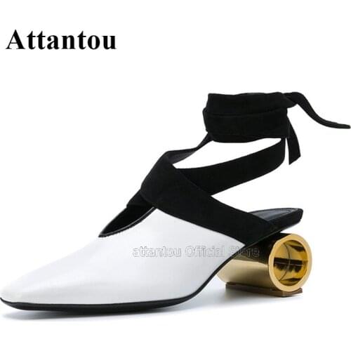 Fashion Rome Designer Gold Cylindrical Heeled Dress Shoes Women Square Circle High Heel Cross-tied Slingback Strange Heel Pumps