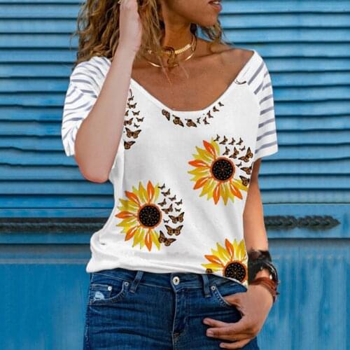 Bohemian Summer Blouse Womens Sunflower Butterfly Print Plus Size T Shirt V-neck Short Sleeve Pullover Summer Casual Tunics