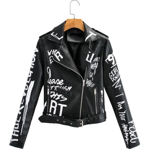 2021 Women Autumn Winter Faux Soft Leather Jackets Coats Lady White Black PU Rivet Zipper Epaulet 3D Print Motorcycle Streetwear