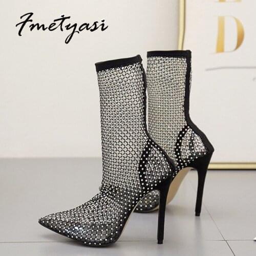 Heels Women 2021 Sandals Big Size Pointed Toe Genuine Leather Slip-on Shallow Sexy Black Stiletto Sandals Net Surface Hollow