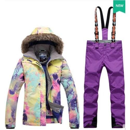 Womens Purple Ski Suit Female Snowboarding Skating Violet Jacket And Bib Pants Suspender Trousers Waterproof Overalls
