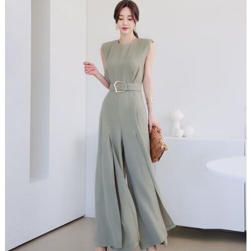 Korean Style Office Lady Full Length Jumpsuits Summer 2021 Women Sleeveless Slim Fashion Split Wide Leg Pants Overalls Jumpsuits