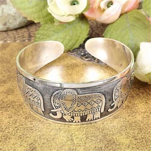 Retro Tibetan Silver Bangle Cuff Elephant Carved Bracelet For Women Opening Adjustable Bracelet Jewelry Gift