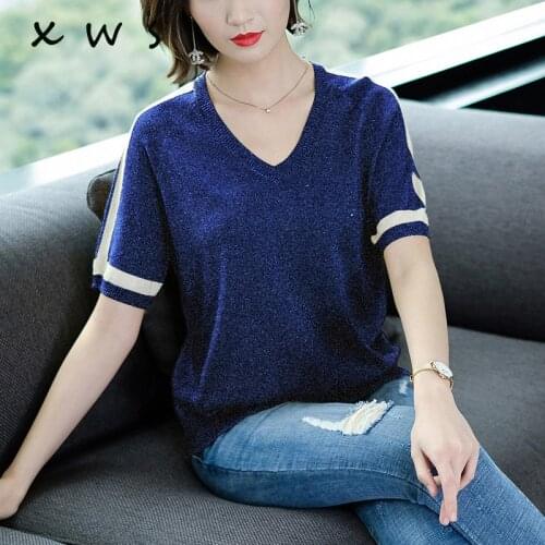 2019 Shiny Lurex Summer knitted Slim Pullover Women V-Neck Sweater Shirt Female All-match Basic Short Sleeve female sweater