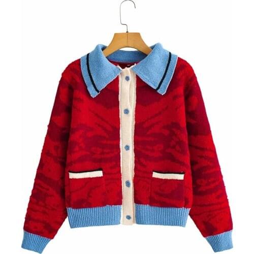 2021 Winter Women Vintage Short Knitted Red Patchwork Sweater Lady Chic Single Breasted Button Turn-down Collar Loose Cardigans