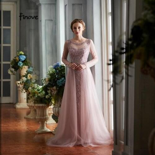 Finove 2020 New Prom Dresses Elegant O-Neck With Beading Full Sleeves A-Line Prom Gowns Floor-Length In Women' Dress Long Dress