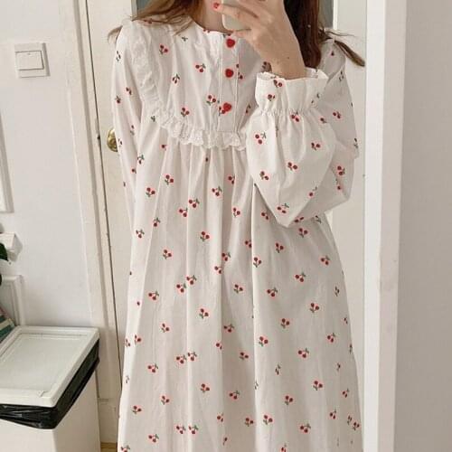 2021 Cute Cherry Print White Cotton Nightdown Women Pijamas Ruffles Lace Up Loose Dress Home Clothes Ladies Sleepwear Nightdress