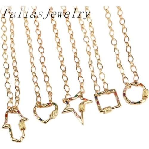 6Pcs Rainbow CZ Micro Pave Heart Oval Round Pendant Necklaces Punk Link Chain Gold Color Jewellery Spiral Buckle Necklac