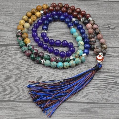 7 Chakra Mala Unique 8MM Natural Stone Long Tassel Necklace Women Meditation Necklace Knotted Bead Yoga Necklace Jewelry