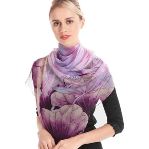 Brand New Spring Thin Georgette Silk Scarf Women Artificial Silk Scarves And Wraps Female Outdoor Lotus Print Shawls Wholesale