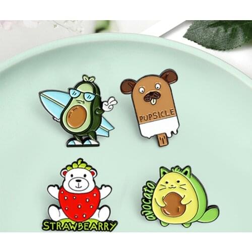 Fruit Avocado Enamel Pins Dog popsicle Cat Avocado Bear Bearberry Brooches Lapel Cartoon Badge Jewelry Gift for Kids Friends