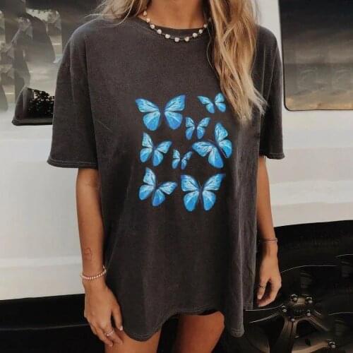 Women Blue Butterfly T-shirt Aesthetics Graphic Short Sleeve T Shirt Vintage Female Summer Clothes Camisetas Verano Mujer 2021