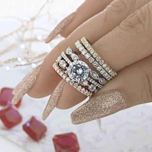 Hot sell 925 Sterling Silver Pave Diamond Rings for Women Wedding Simple Solitaire Thin Ring set Vintage Jewelry 925 anillo