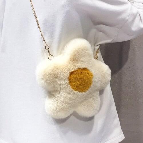 Ins Fashion Women Cute Plush Flower Pattern Crossbody Bag 2021 New Chain Shoulder Bag Girl Faux Fur Handbags And Purse