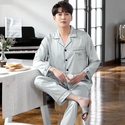 Spring Autumn New 2PCS Men Pajama Sets L-3XL Full Sleeve Pant Home Suit Letter Lounge Sleepwear Satin Turn-down Collar Nightwear
