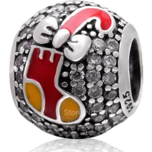 Red Enameled Christmas Stocking White Zircon Pave Round Big Hole 925 Sterling Silver European Charm Beads Christmas Gift SZPB257