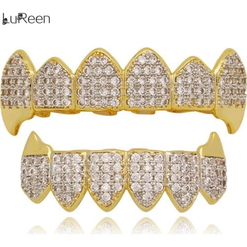 LuReen Rapper Micro Pave Cubic Zircon Gold Teeth Grillz Mouth Top Bottom Tooth Grills Set Vampire Fang Teeth Caps Jewelry Gift