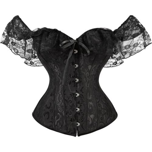 Sexy Lolita Women Off shoulder Corset Solid Corsets Overbust Korset Bustier Girls Outwear Waist Slimming Lace ruffles Gorset