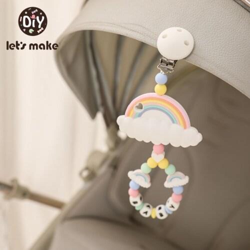 Lets Make Silicone Rainbow Teether Baby Bed Hanging Rattles Toy Personalize Baby Mobile Pram Clip Pacifier Chain Baby Rattle