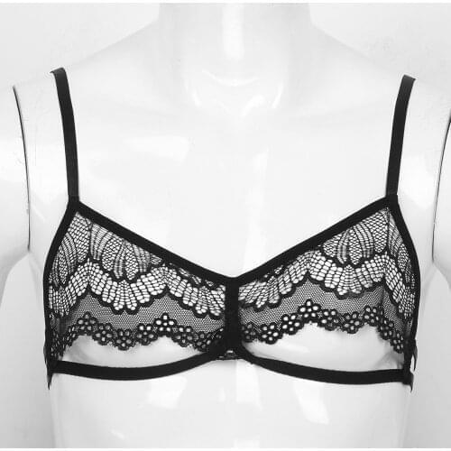Sissy Boy See-through Lace Lingerie Bras for Men Adjustable Strap Hollow Out Wire-free Unlined Bra Top Erotic Underwear Bralette