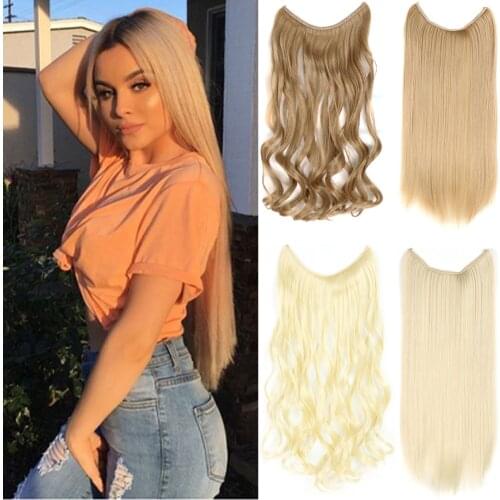 24" Women Invisible Wire No Clips in Fish Line Hair Extensions Straight Wavy Long Heat Resistant Synthetic Hairpiece