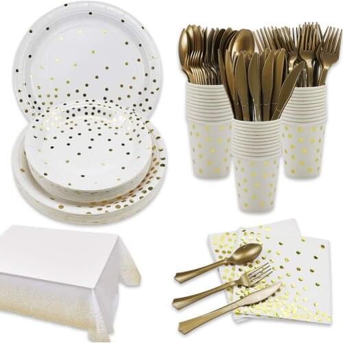 White Gold Party Supplies Disposable Dinnerware Plates Silverware Tableware Sets for Wedding Birthday Baby Shower Cocktail