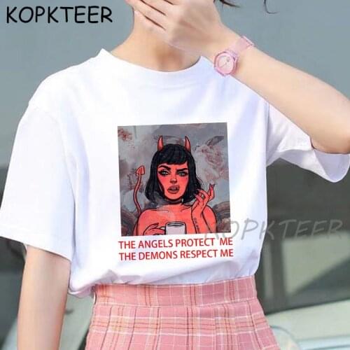 THE ANGELS PROTECT ME THE DEMONS RESPECT ME Women T shirt 2020 Summer Graphic Tee Funny T Shirt Korean Clothing Streetwear Top