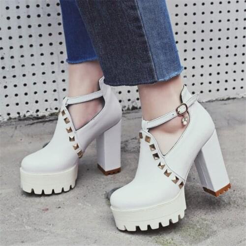 PXELENA Retro Rome Women Pumps Punk Rock Gothic Chunky Block High Heels Ladies Shoes Round Toe T-Strap Rivet Dress Heels 34-43