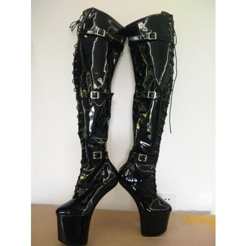 High Leg Boots Women Extreme Lace Up High Heel Sexy Fetish Heelless Horse Stallion Hoof Sole Over Knee Boots Crotch High Shoes