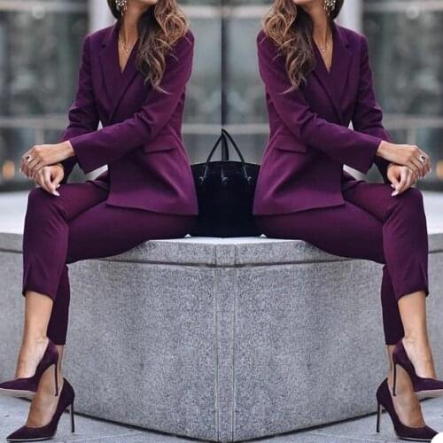 Plus Size Dark Purple Women Pants Suits Fashion Mother of the Bride Tuxedos Slim Fit Work Coat Blazer Office Lady 2 Pieces