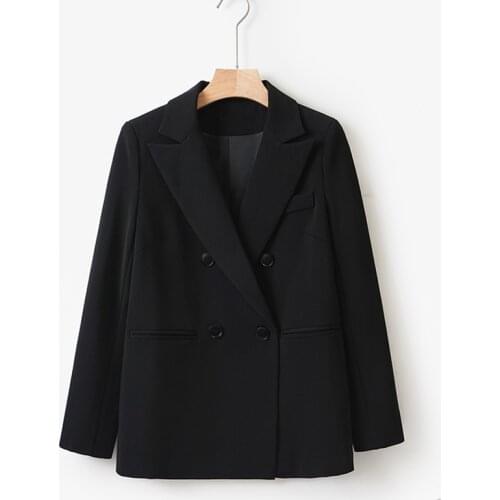 SURUFENG Women Chic Office Double Breasted Blazer Vintage Coat Fashion Notched Collar Long Sleeve Ladies Outerwear Stylish Tops