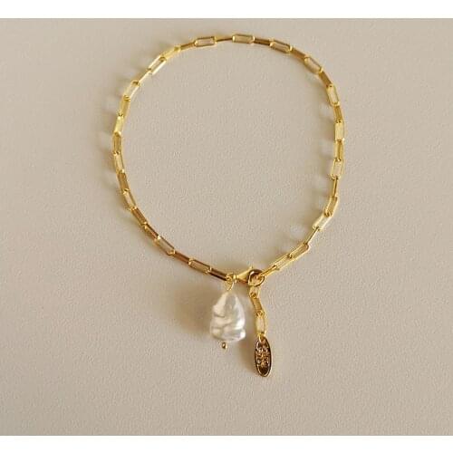 Silvology 925 Sterling Silver Irregular Natural Pearl Bracelets for Women Light Luxury Wide Chain Bracelets Simple Jewelry Gift