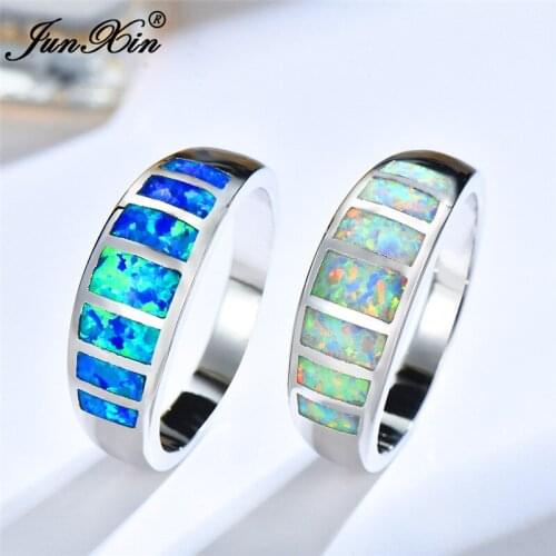 Boho Female Blue White Fire Opal Stone Ring Vintage silver color Wedding Rings Promise Love Engagement Rings For Women
