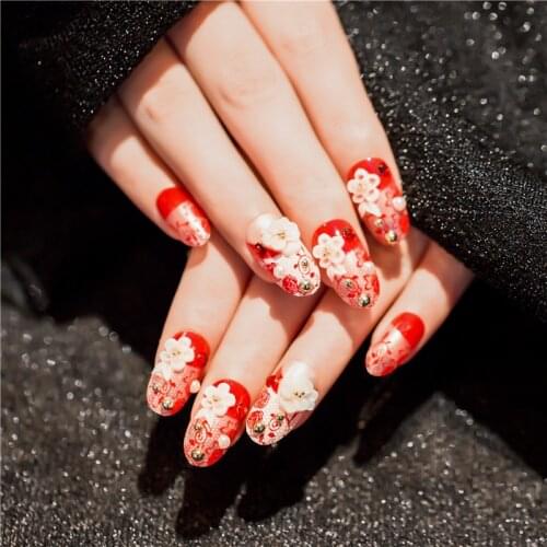 24pcs/set Pre Design Exquisite 3D Flowers Artificial Nail Tips for Bride Wear Detachable Fake Nails with Back Sticker TY