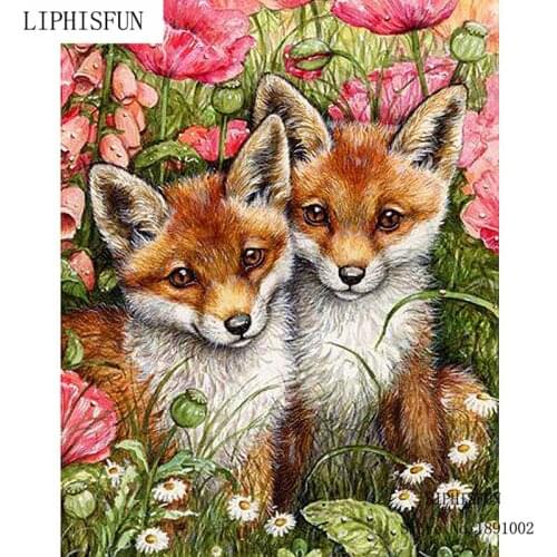 5D DIY Diamond Painting "Two Foxes & Flowers" Embroidery Full Square Diamond Cross Stitch Rhinestone Mosaic Painting Decor