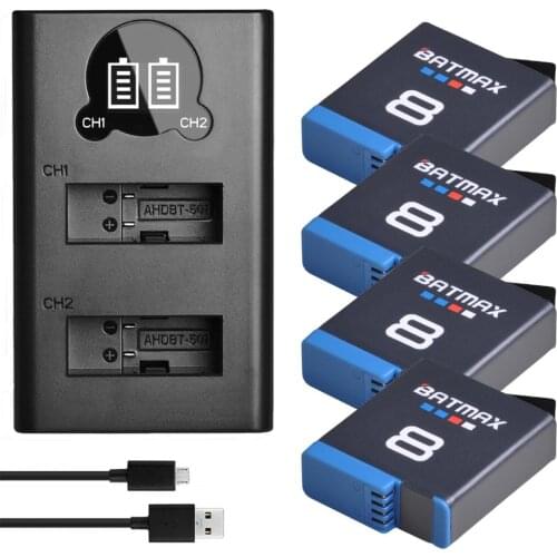 4Pcs Battery for GoPro Hero 7 HERO 8 hero 6 hero 5 Black Battery + LCD Dual USB Charger for Go Pro Hero7 6 hero5 Black