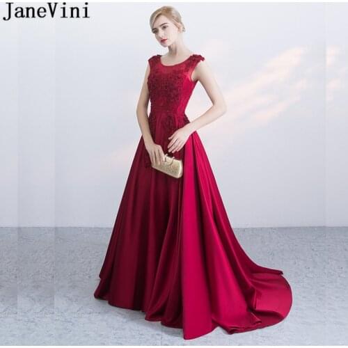 JaneVini Wine Red Beaded Appliques Mother Of The Bride Dress Satin Long Morher of Groom Dress Cap Sleeve Lace Evening Party Gown