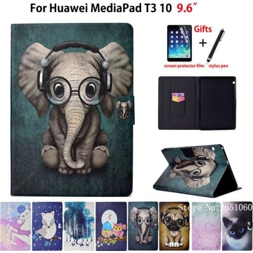 Case For Huawei MediaPad T3 10 AGS-L09 AGS-W09 AGS-L03 9.6" Cover Funda Fashion Animal Silicone PU Leather Stand Shell +Gift