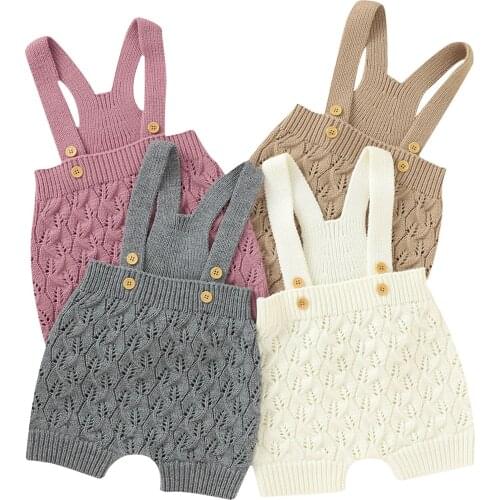 Baby Knit Overalls Lovely Sleeveless Solid Color One-Piece Romper Fall Clothes with Buttons
