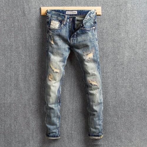 Italian Vintage Fashion Men Jeans Retro Blue Slim Fit Destroyed Ripped Jeans For Men Patchwork Designer Hip Hop Denim Punk Pants