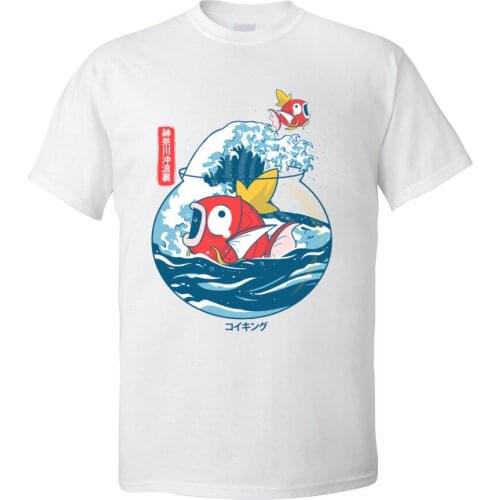 Great Aquarium T-shirts for Men Great Wave Goldfish Koi Pure Cotton Summer Tops & Tees Short Sleeve Round Collar T Shirt