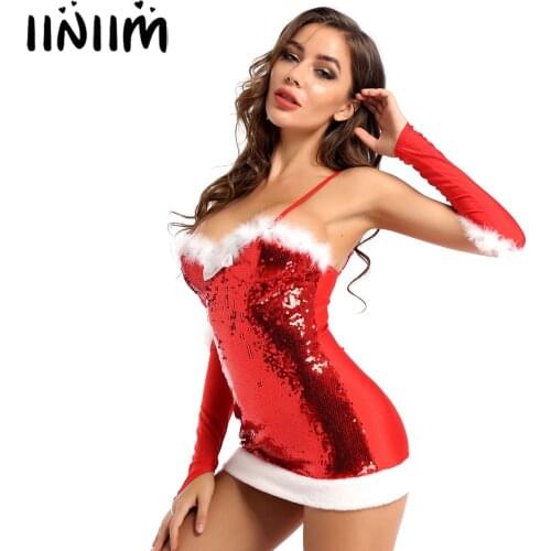 Red Womens Ladies Christmas Fancy Santa Dress Masquerade Sexy Parties Costume Clubwear Flannel with Red Scale Sequins