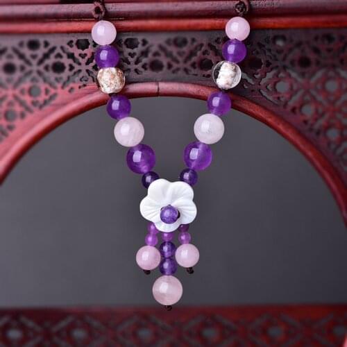 Summer Beach Violet Crystal Beads Translucent Powder Crystal Pendant Necklace Ocean Refreshing Shell Flower Chokers Necklace
