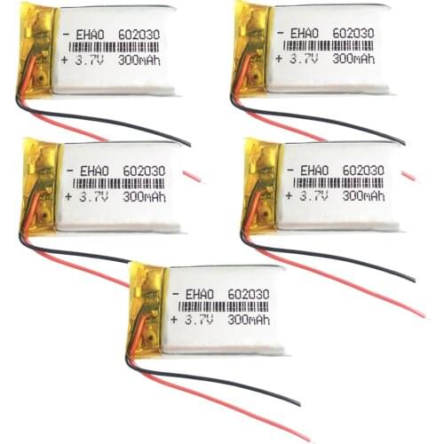 5 pcs 3.7V 300mAh 602030 Lithium Polymer LiPo Rechargeable Battery For Mp3 PAD DVD E-books bluetooth headset Camera 6*20*30mm